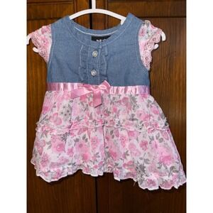 DDG Darlings Baby Girl Floral Denim Tiered Dress Pink Blue 3-6M